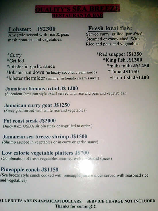 Menu at Sea Breeze Restaurant in Negril Jamaica